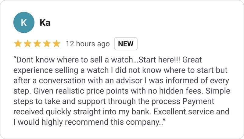 5-star Chrono Hunter customer review about selling a luxury watch online, noting instant watch valuation, realistic pricing, no hidden fees, and fast secure bank payment from a trusted UK watch buyer.
